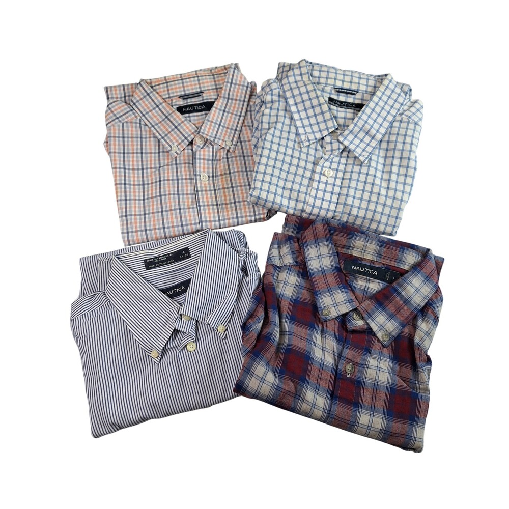 Nautica Button Down Shirt Men's Large Lot 4 Tartan Plaid Grid Check Striped